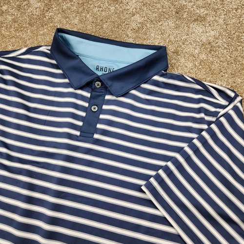 RHONE Men Navy White Stripe Golf Polo Shirt XXL Classic Fit Performance Athletic