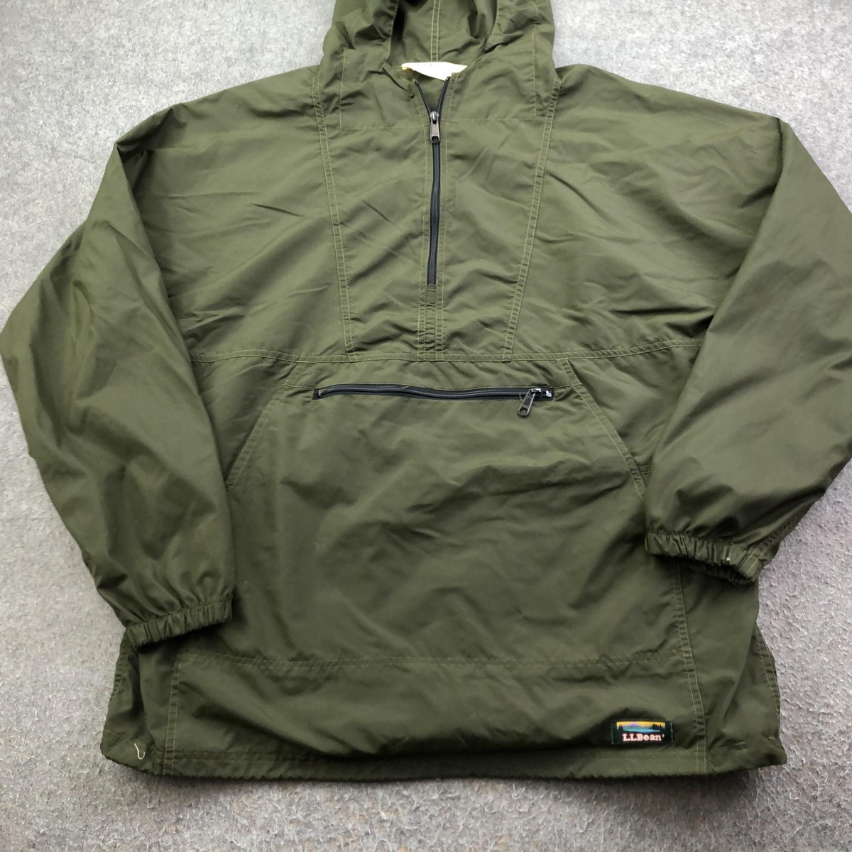 Vintage L.L. Bean Jacket Mens Large Green Hooded Anorak 1/4 Zip 