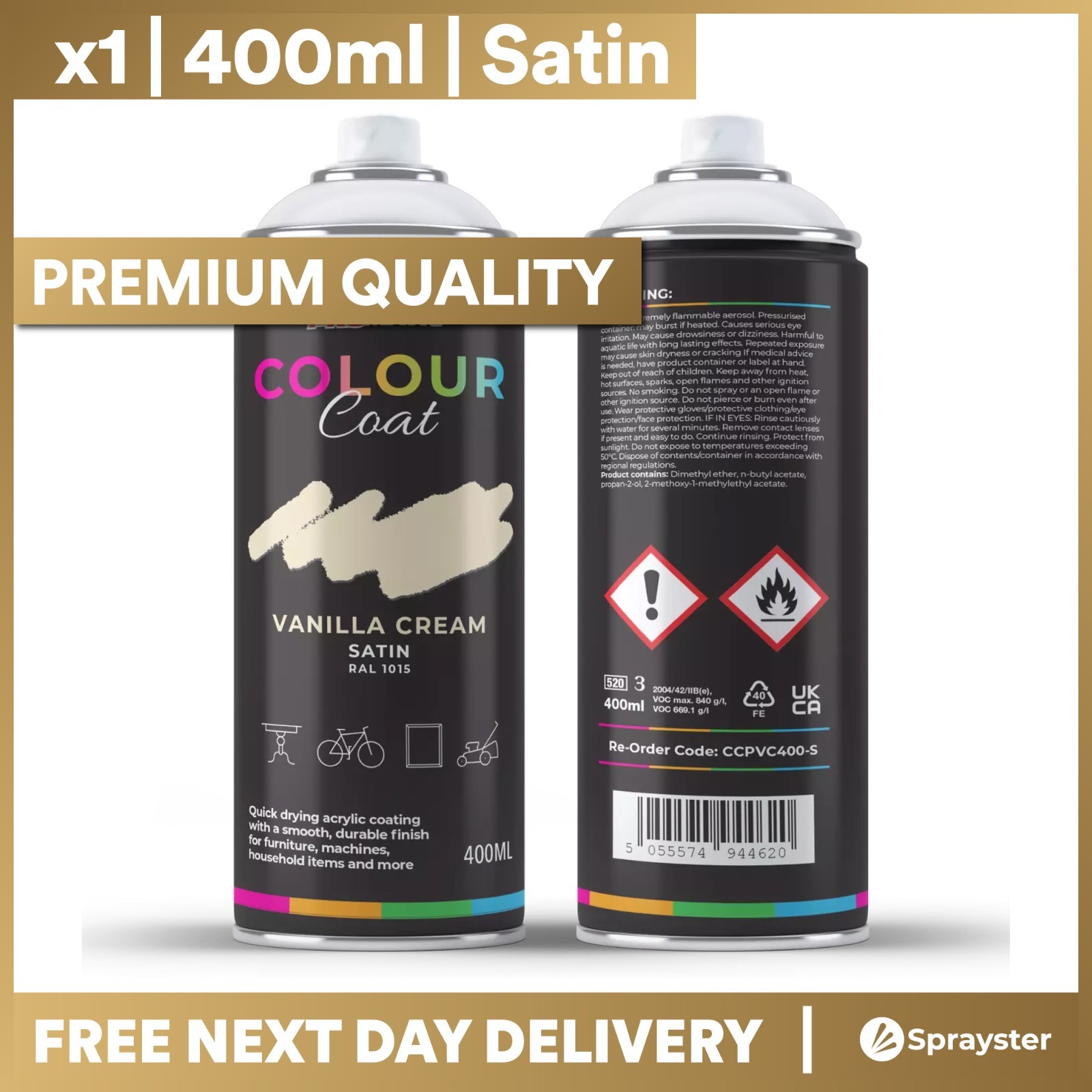 Pro-Matic Colour Coat Vanilla Cream Light Ivory Satin RAL 1015 Spray Paint 400ml
