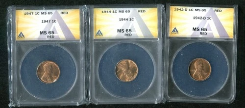 🔥 LINCOLN CENTS WHEAT BACKS (3) ANACS MS65 RED 1942-D, 1944,1947