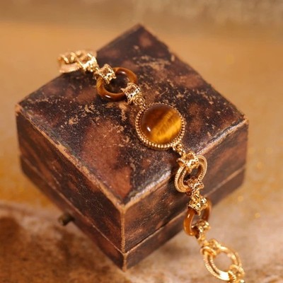 Unique Retro Tiger Eye Gemstone Bracelet | Elegant Gold Chain Link Jewelry
