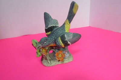 Vintage Ceramic Lark Bird Figurine Blue Yellow Black On Flowers 5'' Tall