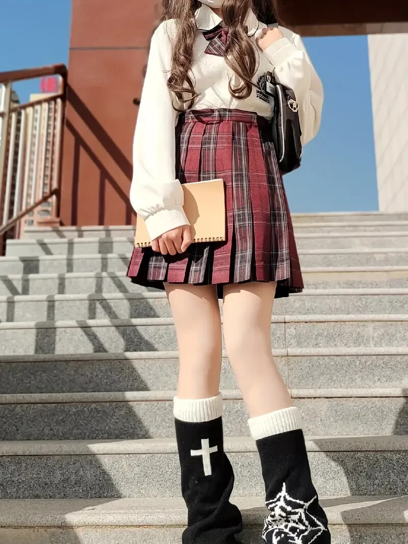 Plaid Print Pleated Red Burgundy Black High Waist Uniform Skirt Womens Small