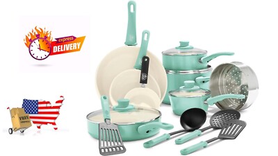 16Pcs Healthy Ceramic Nonstick Cookware Set Lid Kitchen Pots Pans Portable Gift