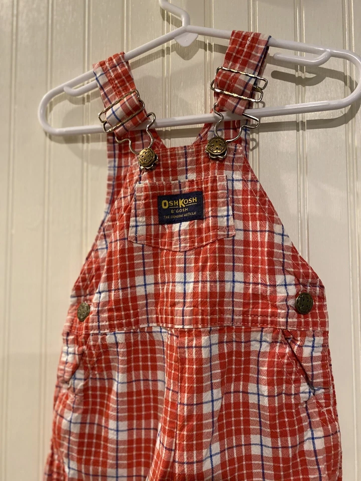 Mono de algodón a cuadros vintage Oshkosh Bgosh 12 m para niños rojo blanco azul broche/botón Foto 3 de 4