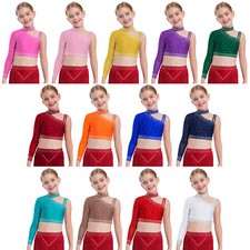 Kid's Rhinestones Dance Crop Tops Long Sleeve One Shoulder Hip Hop Dance Costume