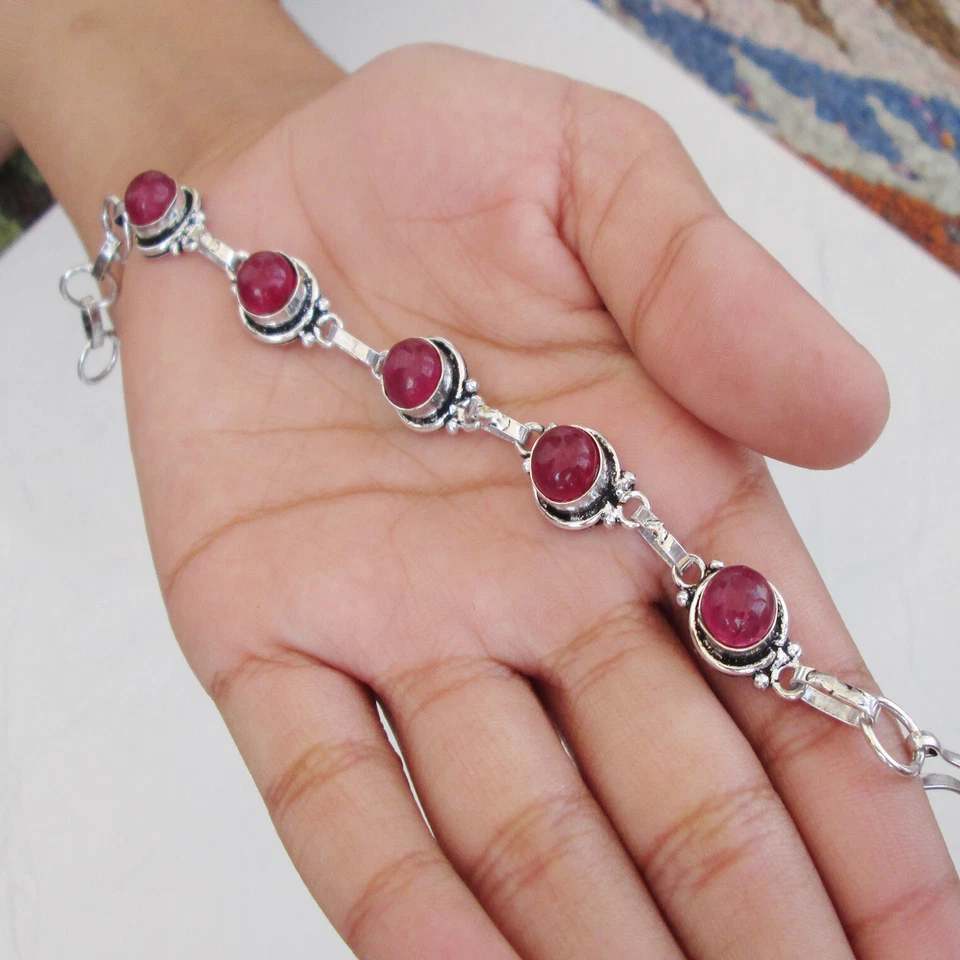 Natural Ruby jewelry handmade silver plated bracelet Jaipur jewelry adjustable - Image 2 of 4
