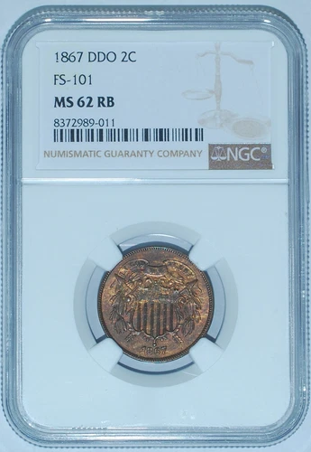 1867 NGC MS62RB Red Brown FS-101 Doubled Die Obv 2 Cent Piece 2C Woodgrain Tone