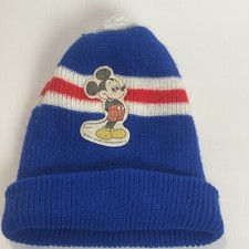Vintage Walt Disney Mickey Mouse Hat Cap Beanie Toque Blue White Red Stripe Pom