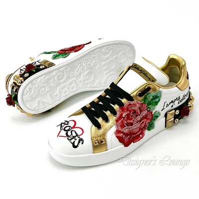 Dolce & Gabbana ロゴスニーカー NEW DOLCE & GABBANA Leather EU 37 Roses Amore Sequined Crystal