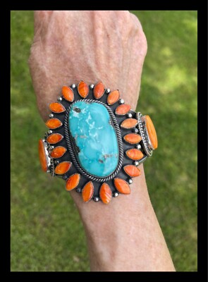 NAVAJO ~KINGMAN TURQUOISE ~ORANGE SPINY ~SANDCAST ~BRACELET ~HEMERSON  BROWN