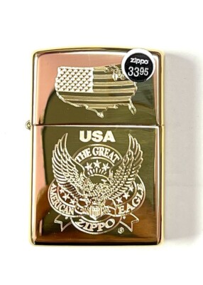 Zippo Lighter 254B Gold Great America Eagle with US Map Laser