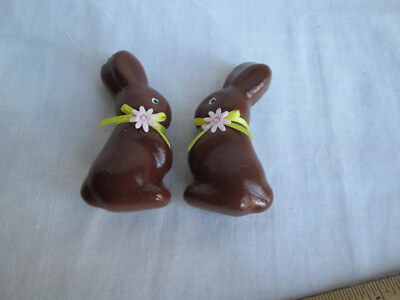 2 Handcrafted 3.5'' Faux Fake Chocolate Easter Bunny Ornament, Pink Bow New   