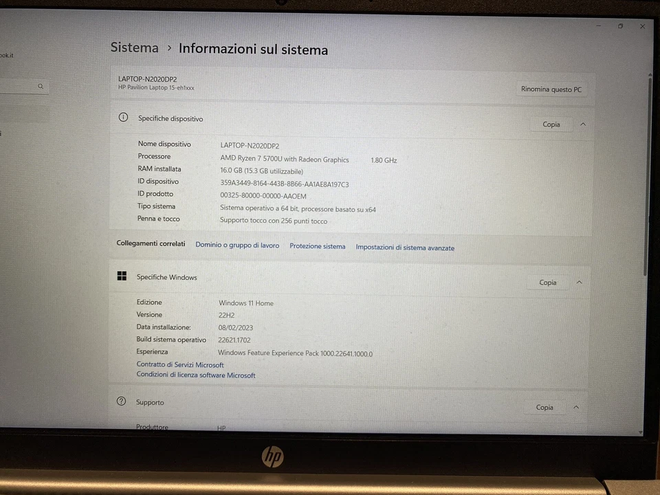 HP PAVILION 16” 15-eh1024nl AMD RYZEN 7 5700U NUOVO - Immagine 2 di 4