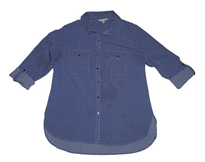 Polka Dot Button Up Blouse-Stretch-Roll Tab Sleeve Blue Women's 1X Notations