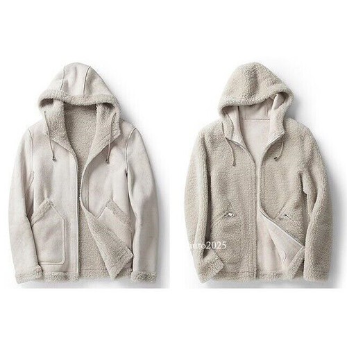 Winter Men's Suede Leather Jacket Alpaca Shearling Outwear Hooded Reversible New - Picture 6 of 19