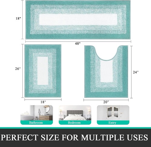 3-Piece Soft and Absorbent Teal Bathroom Rug Set with U-Shaped Toilet Mat - Picture 4 of 10