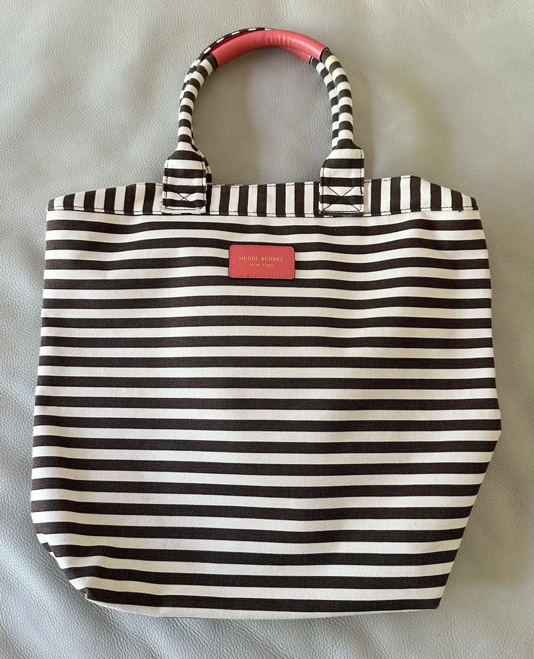 Henri Bendel New York Canvas Magazine Tote Bag Centennial Stripe Brown White - Image 4 of 4