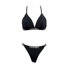 CHANEL Vintage CC Logo Swimsuit Swimwear Bikini Black White Nylon 106952
