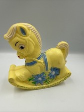 Vtg 1960's Plastic Rocking Horse Chimes Rattle Jingle Toy Yellow w/Blue Flowers