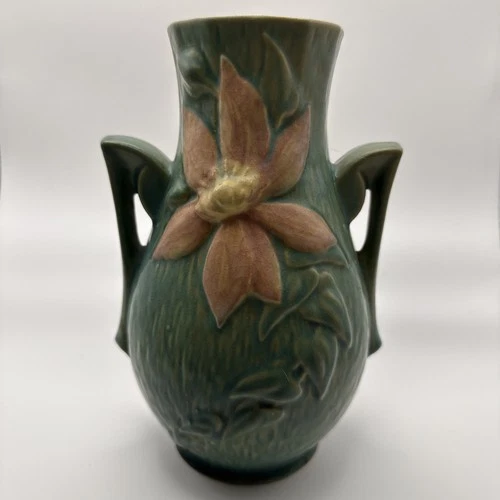 Vintage Roseville Pottery Clematis Vase 108-8 in  Double Handles 8.5" T