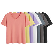 Women's slim casual V-neck short sleeve top large solid cotton T-shirt