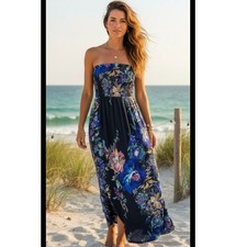 VTG Navy blue floral large y2k maxi dress tropical cottage coquette strapless 