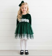 New Velvet  Lace Stretch Emerald Dress, girls, holiday, wedding, 2-3 years