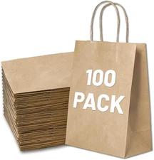 Gift Bags 8.25"X5.9 "X3.15" 100Pcs Brown Kraft Paper Bag with Handles for Small