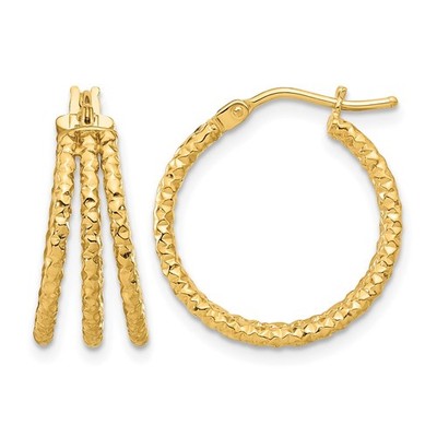 14k Yellow Gold Polished and Textured Three Row Hoop Post Earrings