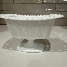 Vintage WHITE MILKGLASS COMPOTE RECTANGLE RIBBED LACED BOWL DISH