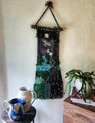 Fiber Art Weaving with Embroidery Ghost Orchid By Moonlight with Owl and Moth