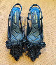 Kurt Geiger London Black Pointed Toe Slingback Flats Beaded Bow US 9.5