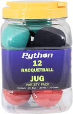 Python Variety Pack Racquetball Jug 12 Balls 3-Black,3-Blue,3-Red, 3-Green