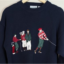 Izod Vintage Mens Large Navy Blue Cotton Knit Embroidered Golf Scene Sweater