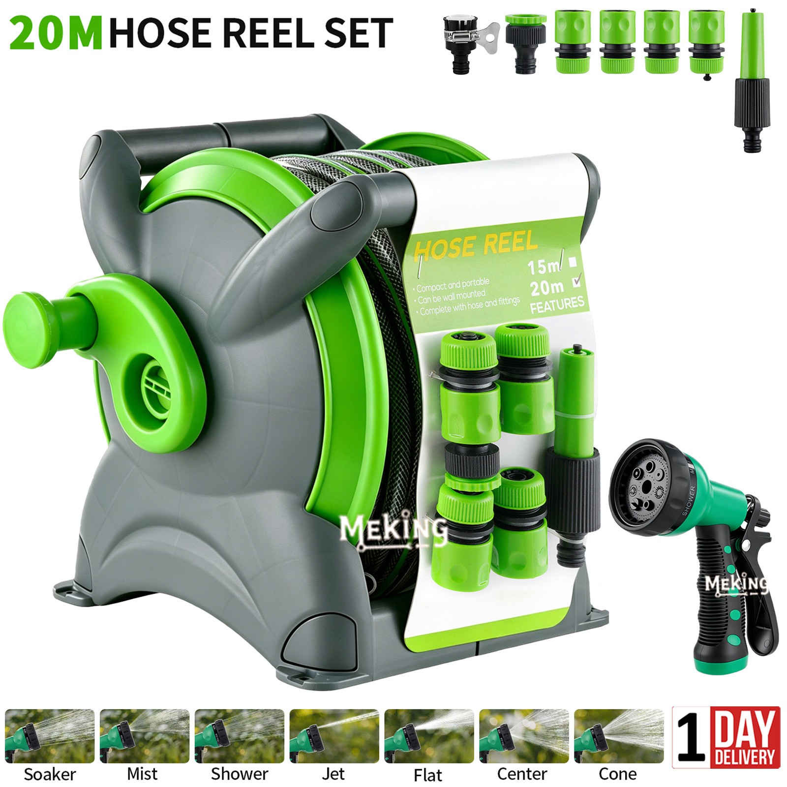 20m Compact Garden Hose Reel Metres Water Pipe Standing Spray Gun Nozzle Wall
