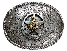 Western Antique Gold Bronco Rider Star Rope Edged Floral Engraved Buckle