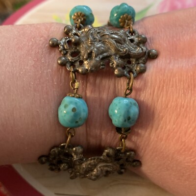 ART DECO ALEXANDER KORDA TURQUOISE GLASS BEAD JUNGLE BOOK LION SNAKE BRACELET
