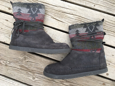 Toms 300813 Aztec Gray Suede Leather Faux Fur Moccasins Boots