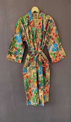 Indian Peach Frida Kahlo Cotton Robe Long Kimono Sleepwear Night Kimono Robe US