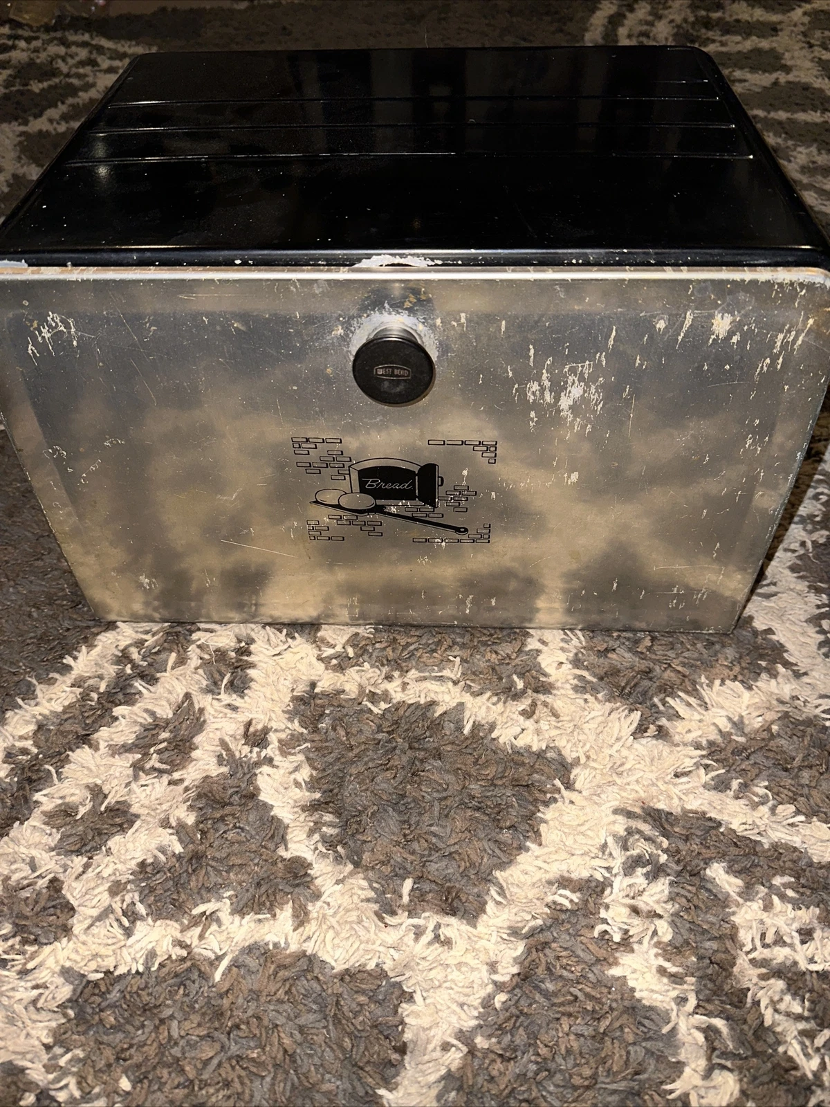 WEST BEND USA VINTAGE ALUMINUM BREAD BOX MCM BLACK W SILVER FRONT BLAck Letters