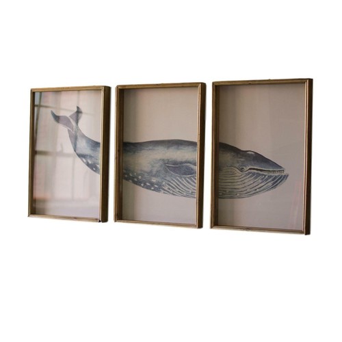 Nautical Beach Triptych Gold Framed Set Three Panel Blue Whale Print - Picture 1 of 2