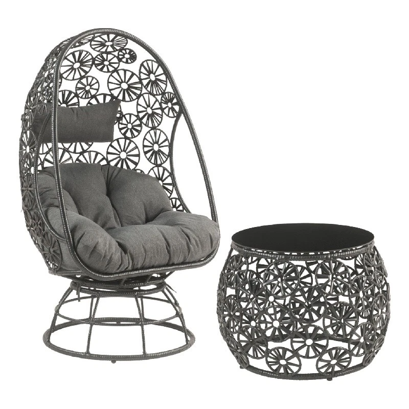 2 Piece Patio Lounge Chair with Open Circular Motifs Black