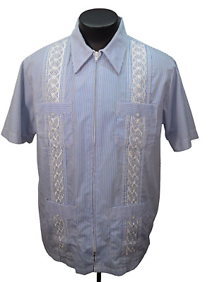 Genuine Haband L Mens Guayabera zip shirt Blue Pinstripe Embroidered ...