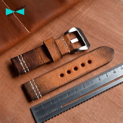 Grande Coccodrillo 22mm Pelle Cinturino Antico Marrone Con Beige Cucitura Pam 22 - Foto 8