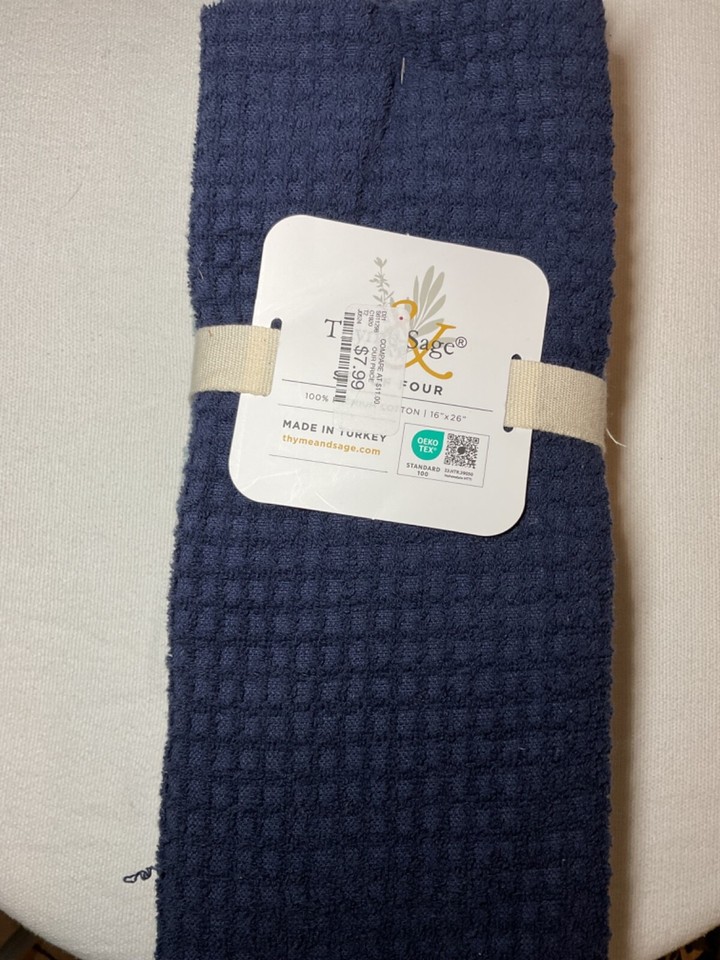 THYME & SAGE KITCHEN TOWELS (4) NAVY BLUE GRAY WAFFLE TURKISH COTTON 16
