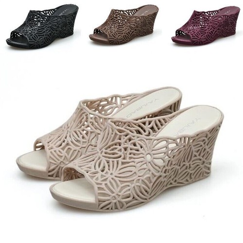 Women Hollow Out Wedge High Heels Slippers Open Toe Floral Summer Jelly Sandals - Picture 4 of 28