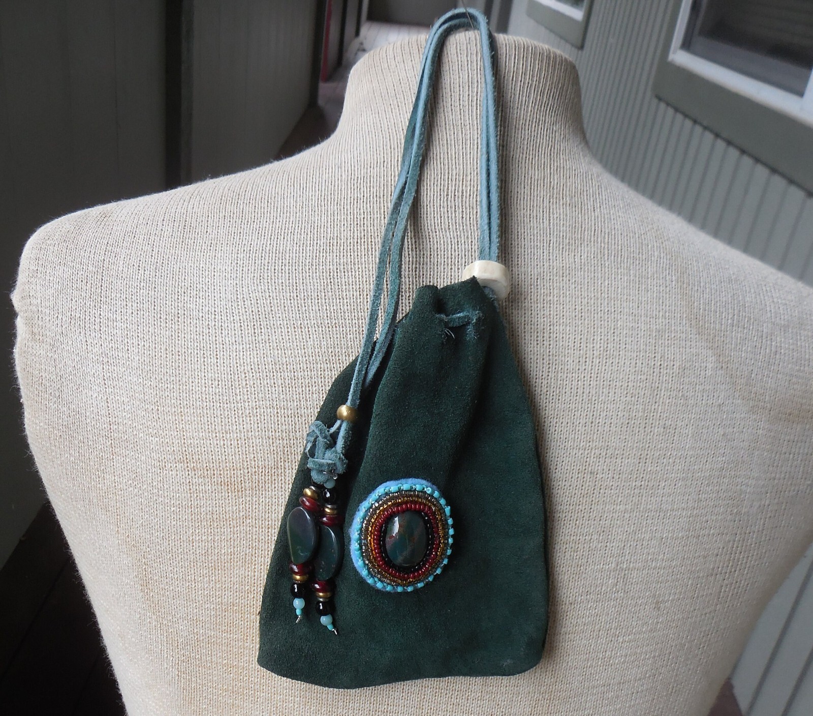 Bloodstone Jade Green Suede Leather Beaded Drawstring Bag Pouch Four Directions