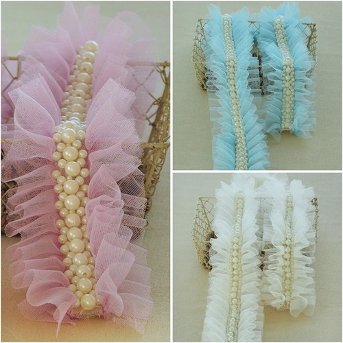 Pearl Beaded Lace Trim Ruffle Pleated Edging Ribbon Sewing Fabric 3.9'' Width - Picture 1 of 11