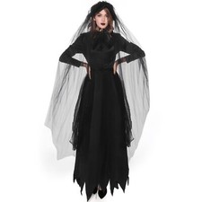 Women Ghost Bride Cosplay Costume Scary Witch Vampire Black Dress Set Halloween